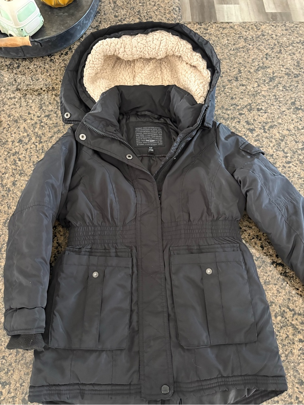 Steve Madden Girls Black Parka  7/8 Hooded Full Zip Pockets Mid-Length sherpa